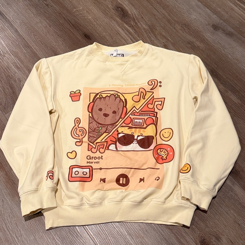 Marvel x Ebiko Groot Playlist Adult Crewneck Sweater Oversized Yellow Large